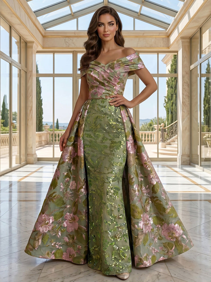 Sheath/Column Off-the-Shoulder Evening Dresses with Overskirt Sequins Floor-Length Floral Sleeveless Formal Dresses