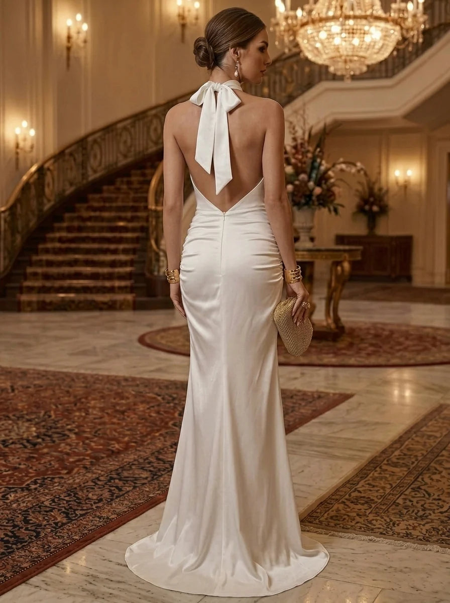 Sheath/Column Halter Silk Satin Evening Dresses Sleeveless Floor-Length Formal Dresses