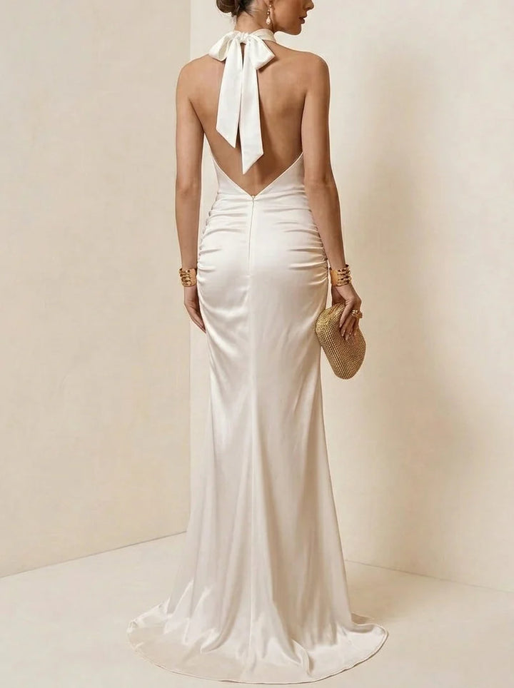 Sheath/Column Halter Silk Satin Evening Dresses Sleeveless Floor-Length Formal Dresses