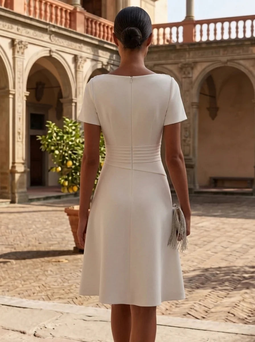 A-Line/Princess Cowl Neck Stretch Satin Cocktail Dresses Knee-Length Short Sleeves Little White Dresses Ruched Party Dresses