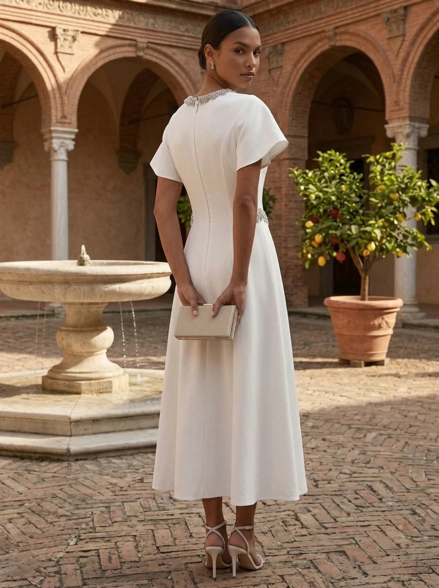 A-Line/Princess Scoop Stretch Satin Cocktail Dresses Tea-Length Short Sleeves Little White Dresses Rhinestone Party Dresses