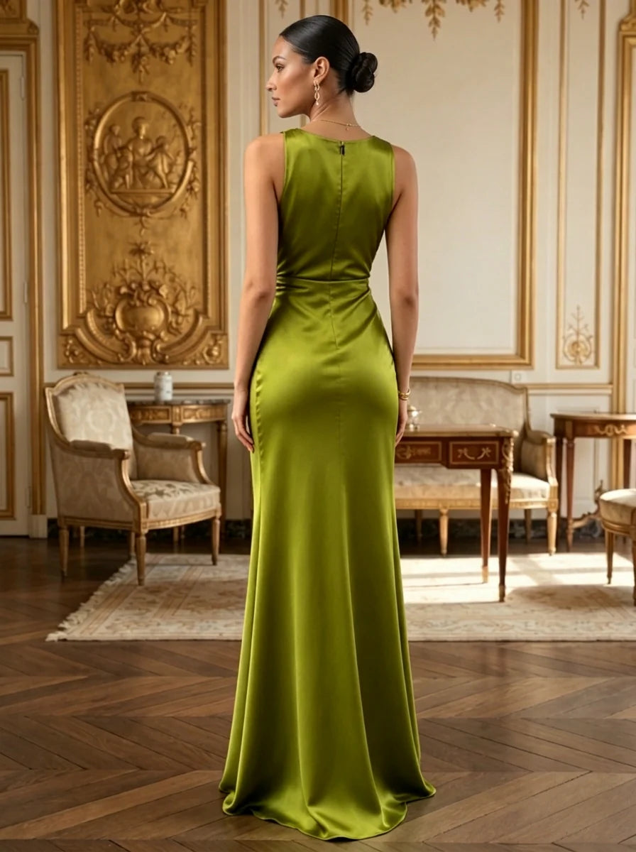 Sheath/Column Cowl Neck Silk Satin Evening Dresses with Split Side Sleeveless Floor-Length Formal Dresses