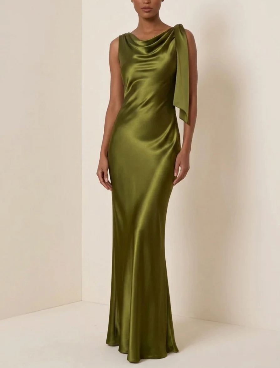 Sheath/Column Cowl Neck Evening Dresses Sleeveless Silk Satin Floor-Length Formal Dresses