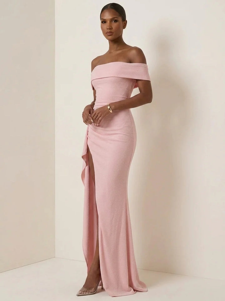 Sheath/Column Off-the-Shoulder Stretch Satin Evening Dresses with Split Side Floor-Length Sleeveless Formal Dresses