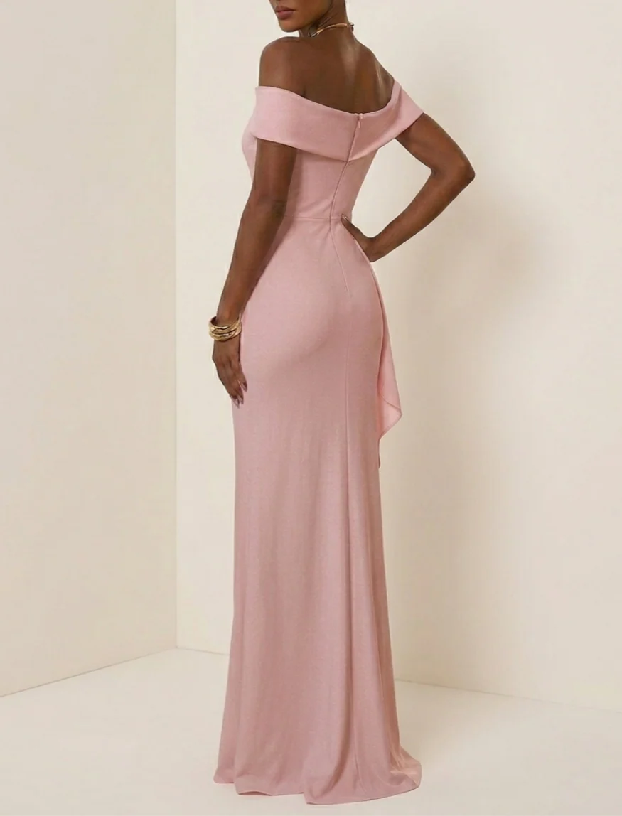 Sheath/Column Off-the-Shoulder Stretch Satin Evening Dresses with Split Side Floor-Length Sleeveless Formal Dresses