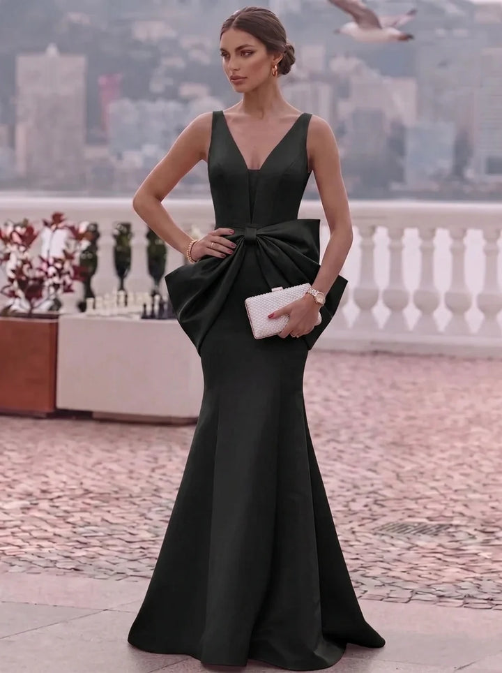 Trumpet/Mermaid V-Neck Satin Evening Dresses with Bowknot Floor-Length Formal Dresses