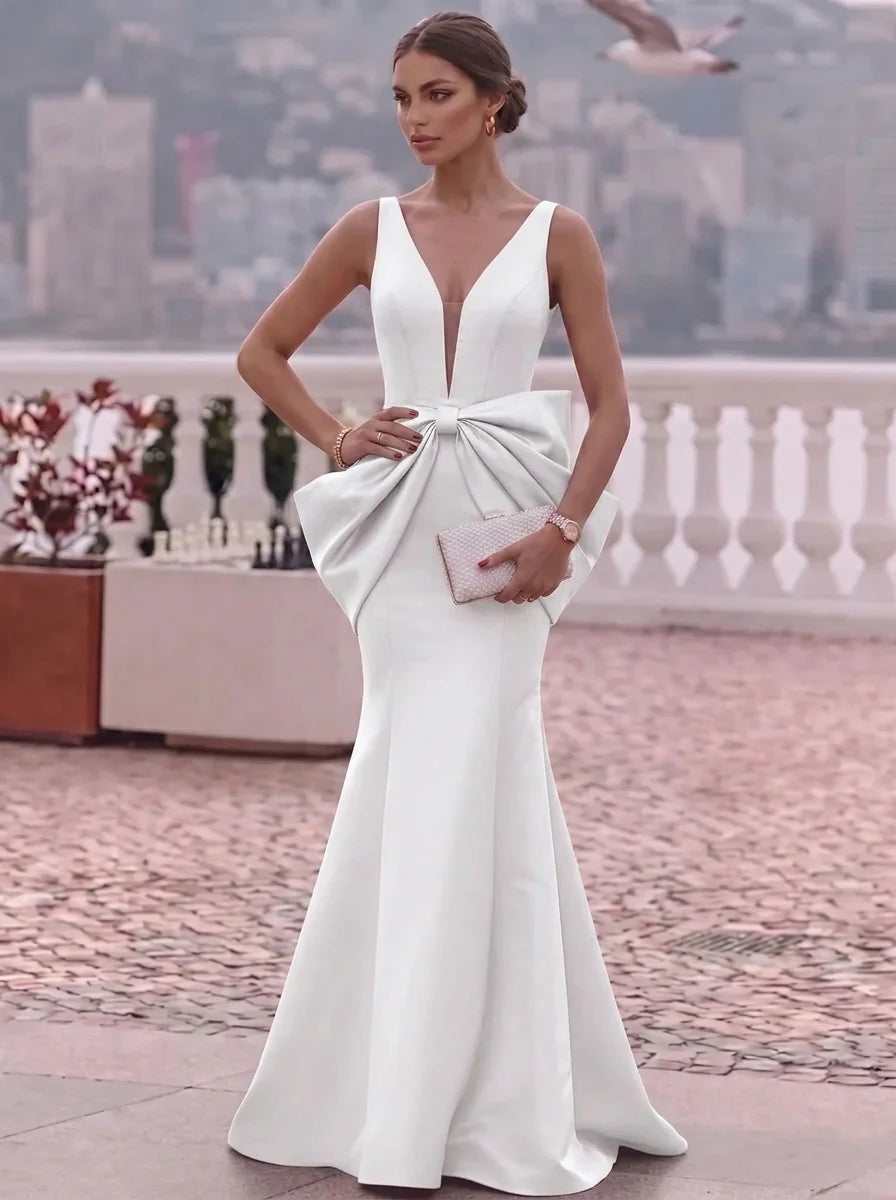 Trumpet/Mermaid V-Neck Satin Evening Dresses with Bowknot Floor-Length Formal Dresses