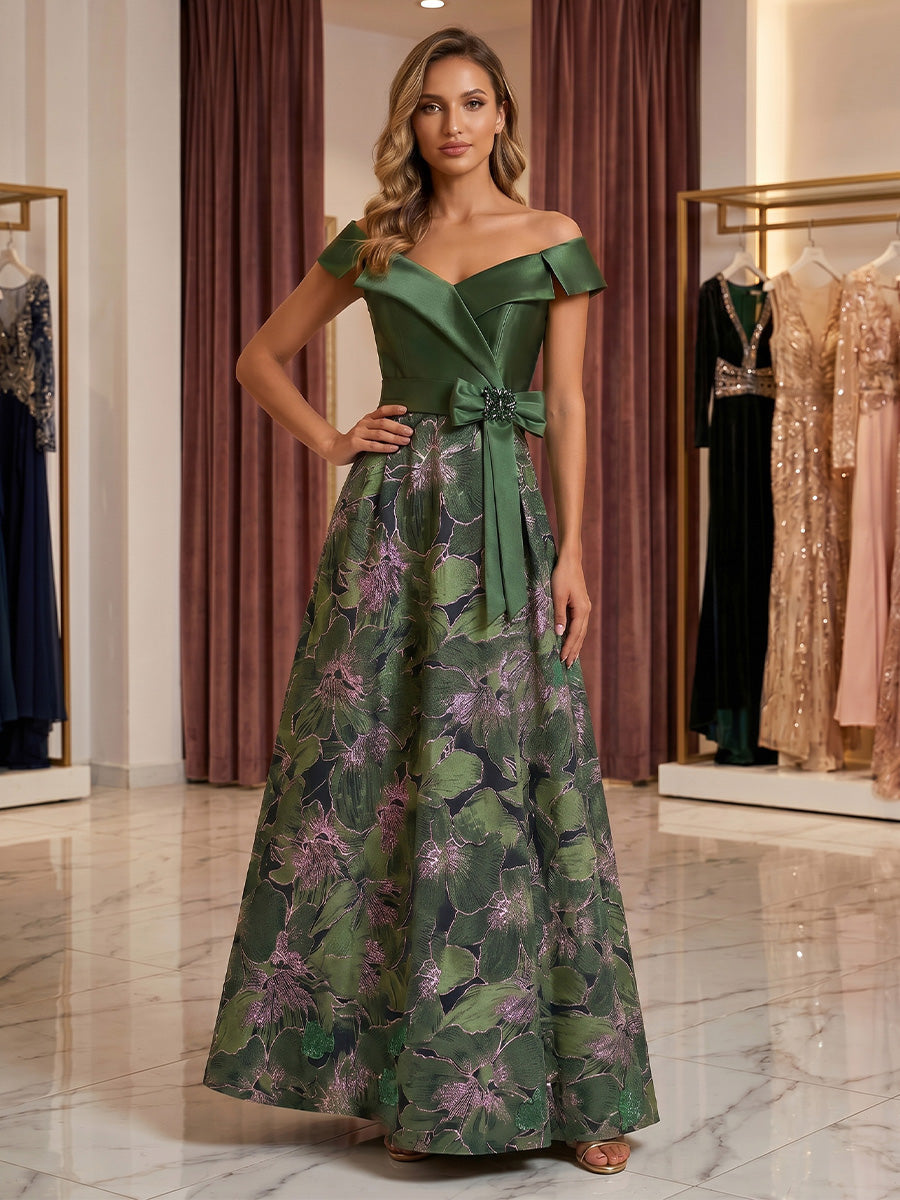 A-Line/Princess Off-the-Shoulder Jacquard Formal Dresses Floor-Length Sleeveless Bowknot Evening Dresses