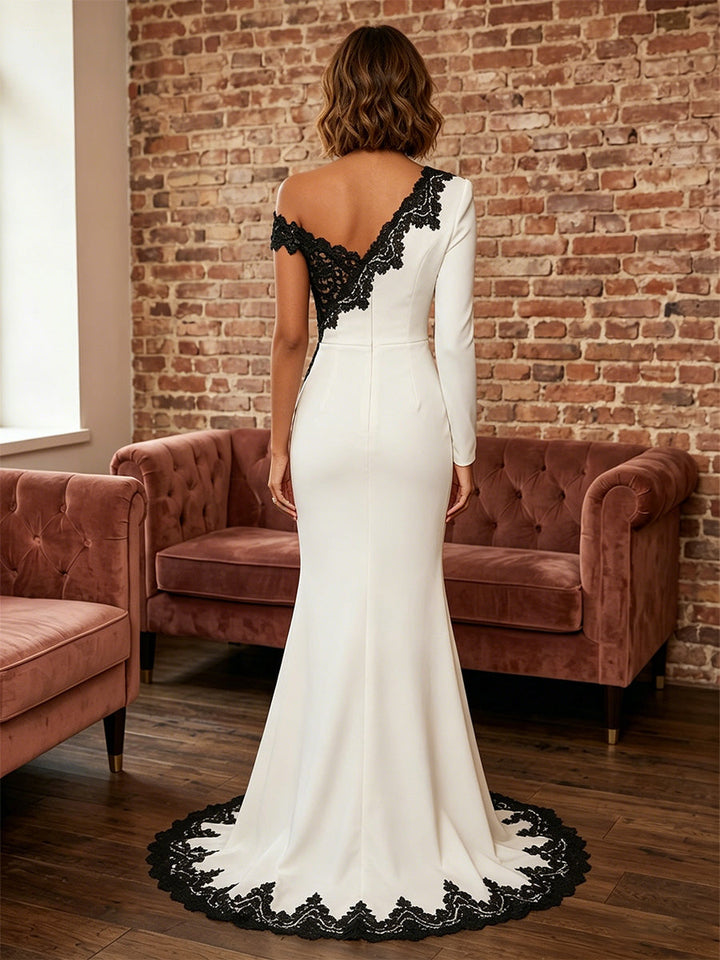 Trumpet/Mermaid Asymmetrical Neck Formal Dresses with Split Side Stretch Satin Lace Long Sleeves Evening Dresses