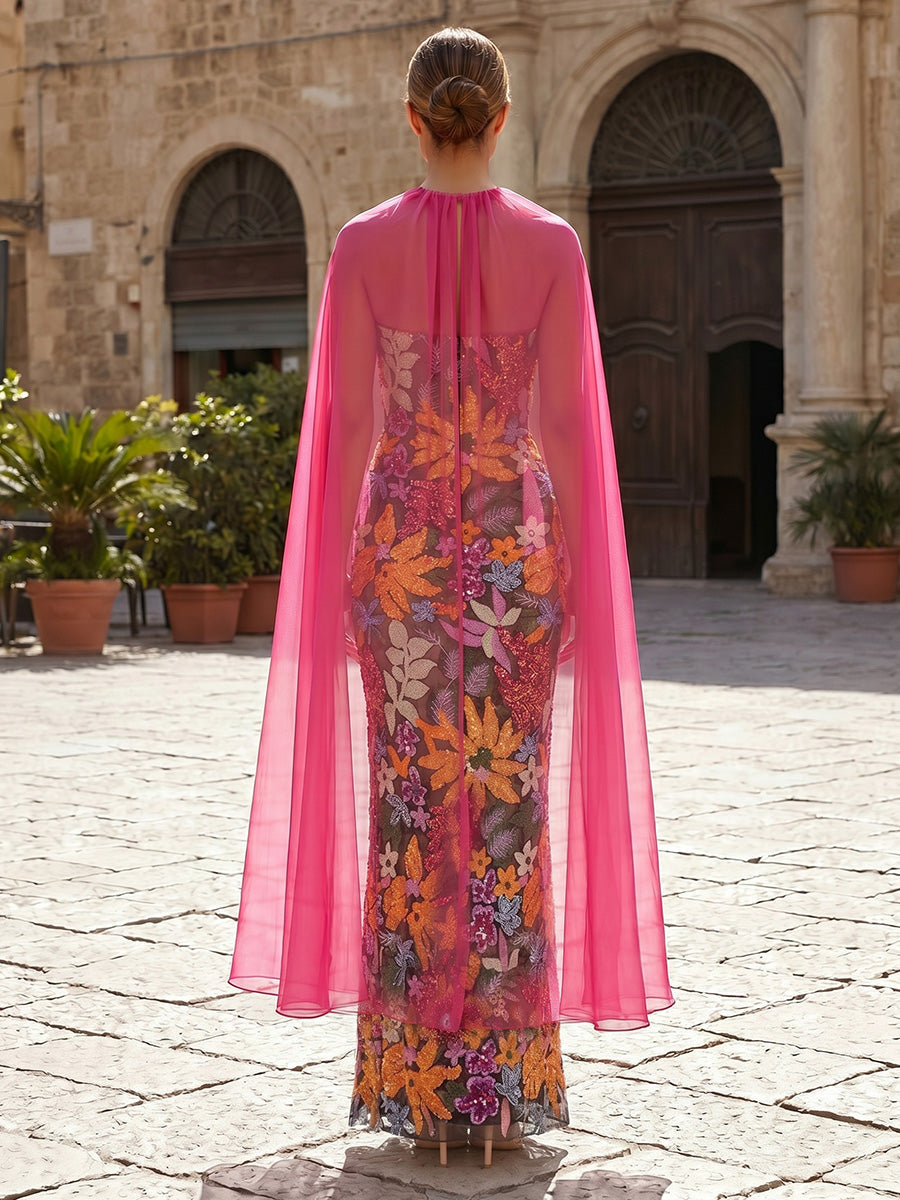 Sheath/Column Strapless Sequins Formal Dresses with Wrap Floor-Length Sleeveless Floral Evening Dresses
