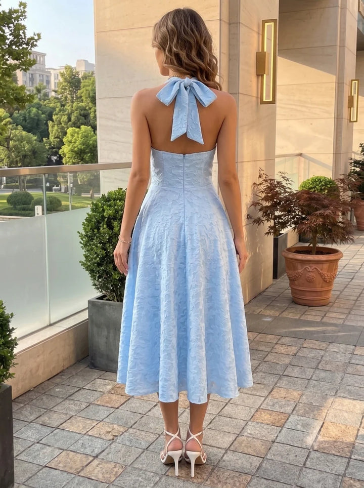 A-Line/Princess Halter Jacquard Cocktail Dresses V-Neck Floral Sleeveless Tea-Length Party Dresses
