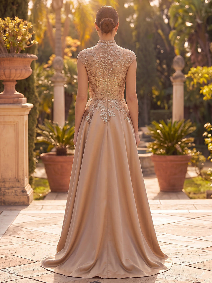 A-Line/Princess Mock Neck Evening Dresses Satin Asymmetrical Floor-Length Sequins Sleeveless Formal Dresses