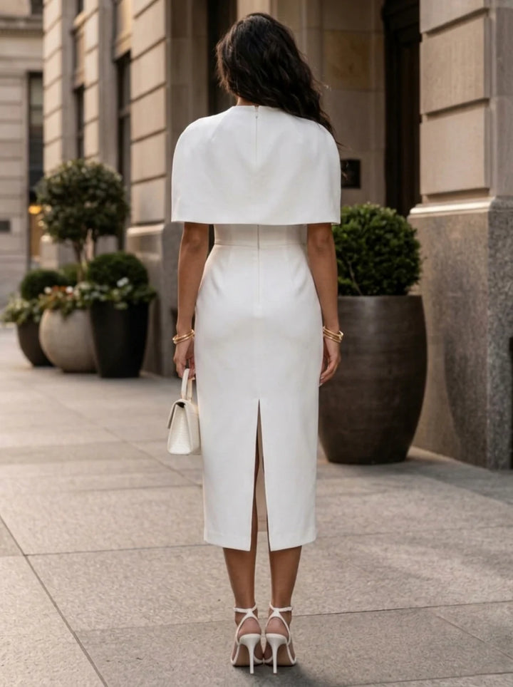 Sheath/Column Mock Neck Stretch Satin Cocktail Dresses Tea-Length Detachable Cape Sleeves Little White Dresses Party Dresses