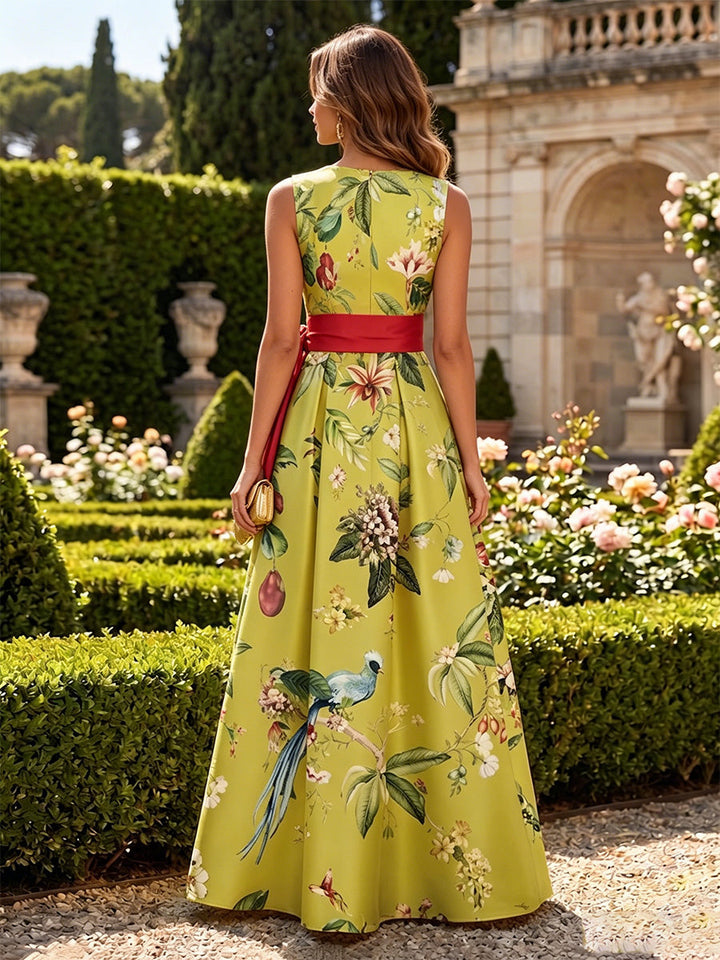 A-Line/Princess Mock Neck Floral Formal Dresses Floor-Length Sleeveless Evening Dresses with Bowknot