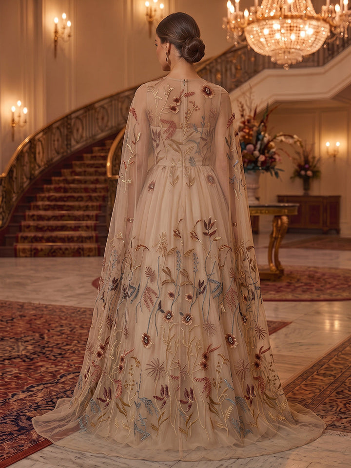A-Line/Princess Scoop Evening Dresses Lace Embroidery Floor-Length Cape Sleeves Formal Dresses