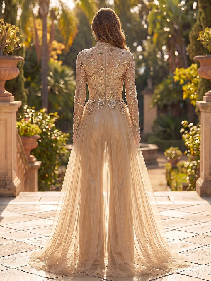 Jumpsuit Mock Neck Sequins Cocktail Dresses Long Sleeves Floor-Length Party Dresses