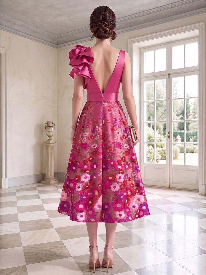 A-Line/Princess V-Neck Floral Satin Cocktail Dresses Sleeveless Tea-Length Party Dresses