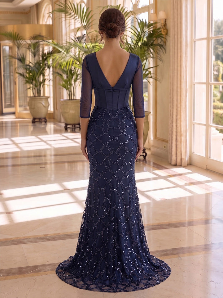 Trumpet/Mermaid V-Neck Satin Evening Dresses Sequins Floor-Length 3/4 Sleeves Formal Dresses