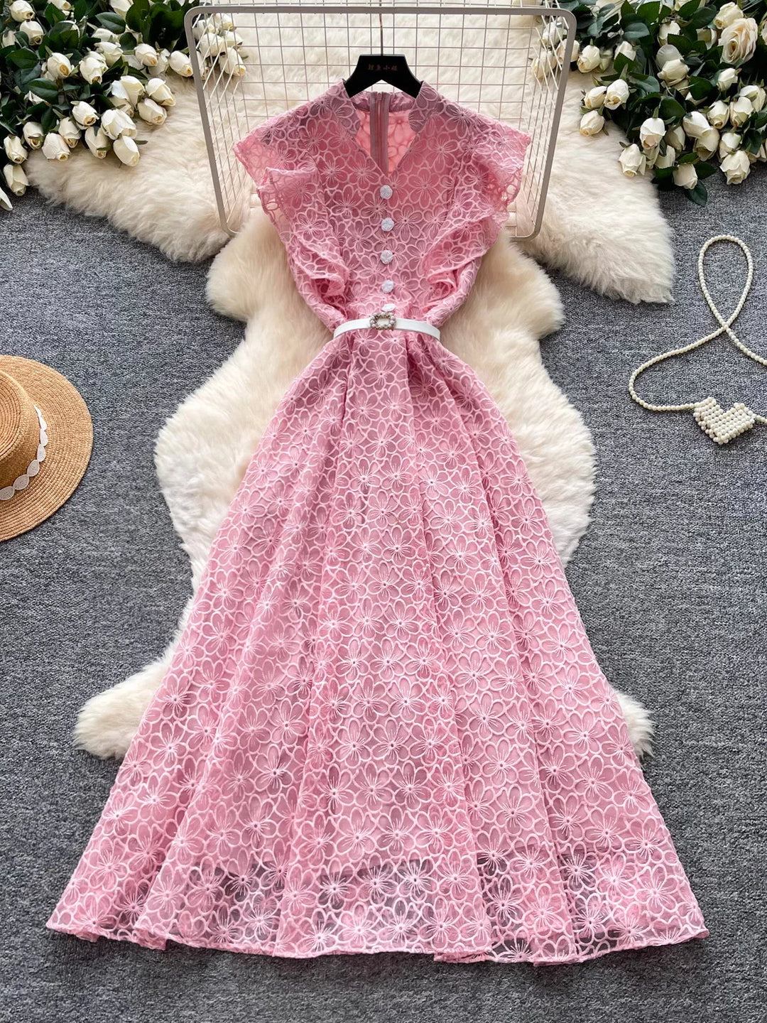 A-Line/Princess V-Neck Lace Floral Wedding Guest Dresses Tea-Length Sleeveless with Belt