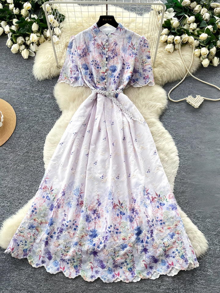 A-Line/Princess Scoop Floral Wedding Guest Dresses Tea-Length Short Sleeves with Belt