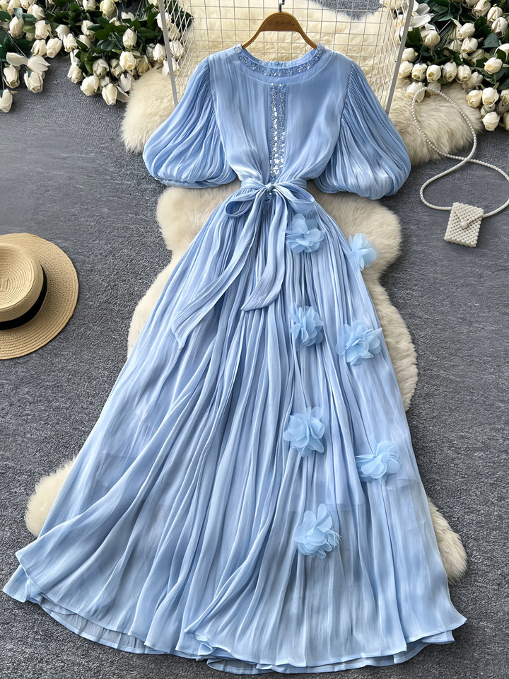 A-Line/Princess Scoop Floral Wedding Guest Dresses Tea-Length Short Sleeves with Belt