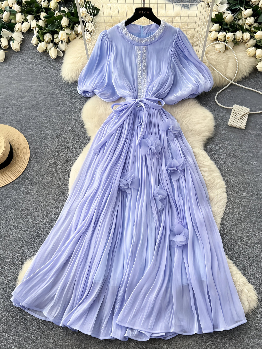 A-Line/Princess Scoop Floral 3D Flowers Wedding Guest Dresses Tea-Length Short Sleeves with Belt