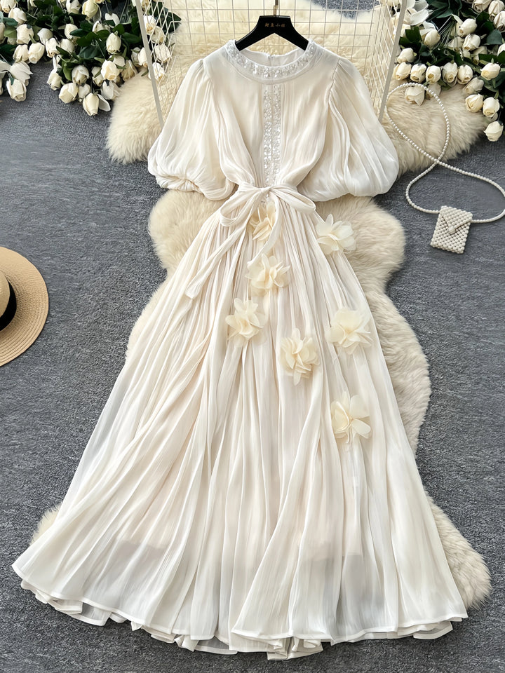 A-Line/Princess Scoop Floral 3D Flowers Wedding Guest Dresses Tea-Length Short Sleeves with Belt