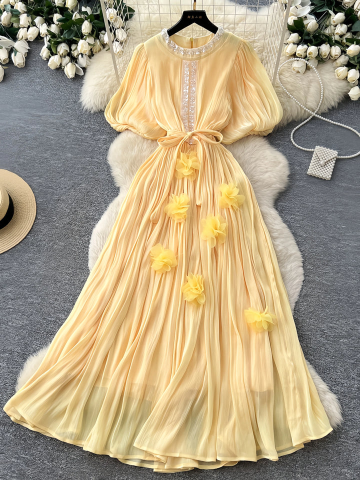 A-Line/Princess Scoop Floral 3D Flowers Wedding Guest Dresses Tea-Length Short Sleeves with Belt