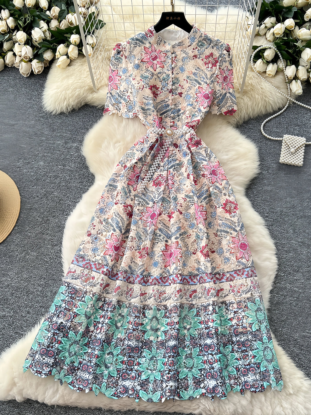 A-Line/Princess Scoop Lace Floral Wedding Guest Dresses Tea-Length Short Sleeves with Belt