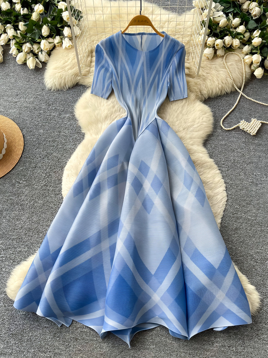 A-Line/Princess Scoop Floral Geometric Plaid Wedding Guest Dresses Tea-Length Short Sleeves