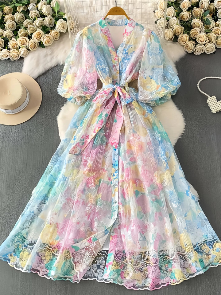 A-Line/Princess V-Neck Lace Floral Wedding Guest Dresses Tea-Length Short Sleeves with Belt