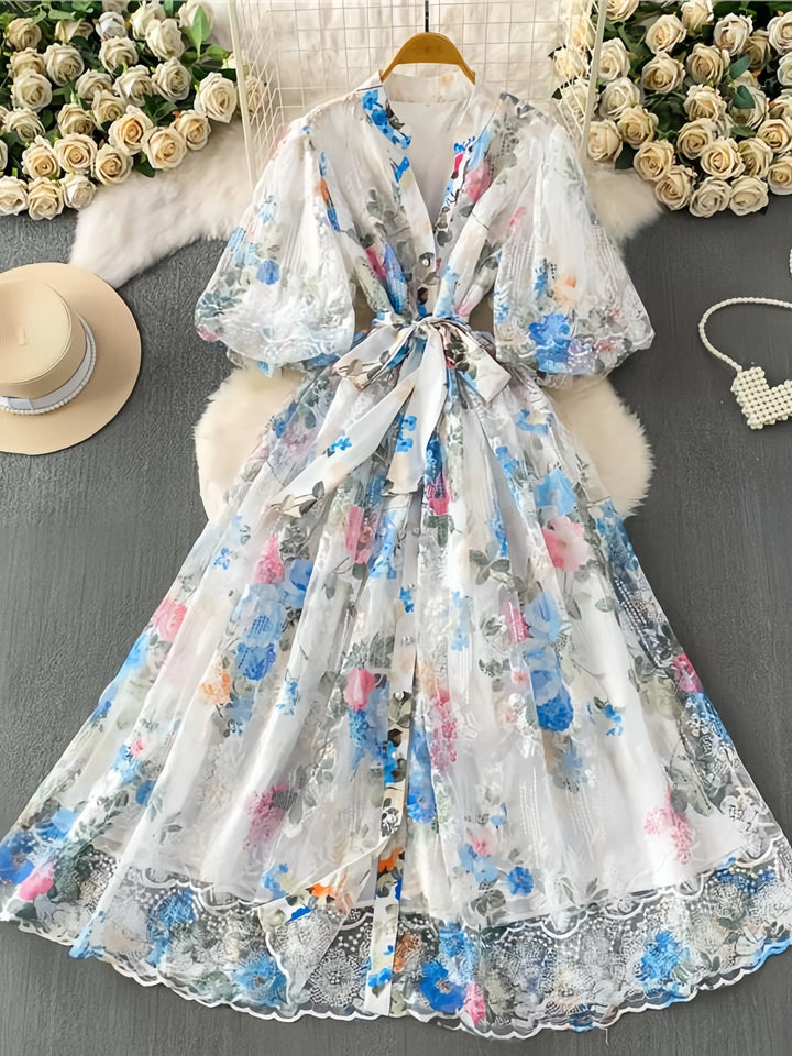 A-Line/Princess V-Neck Lace Floral Wedding Guest Dresses Tea-Length Short Sleeves with Belt
