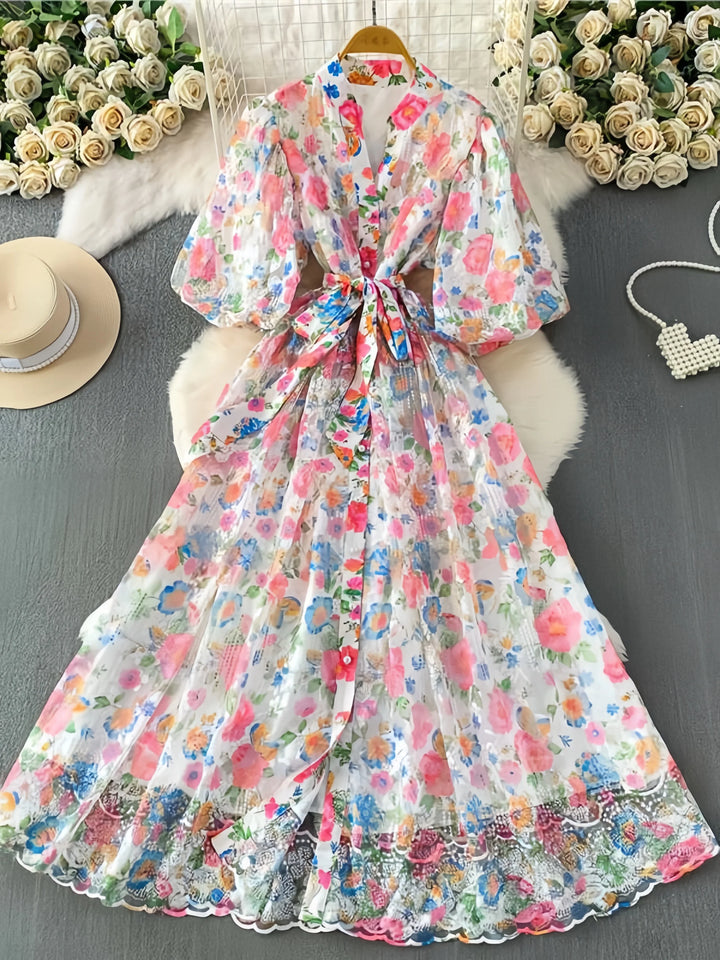 A-Line/Princess V-Neck Lace Floral Wedding Guest Dresses Tea-Length Short Sleeves with Belt
