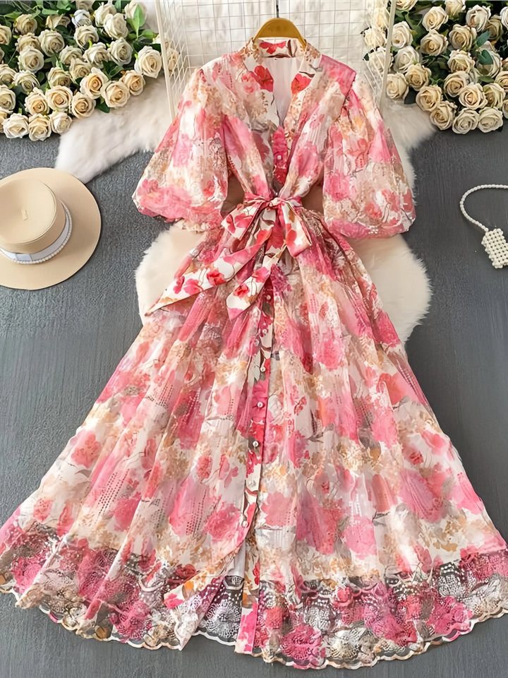 A-Line/Princess V-Neck Lace Floral Wedding Guest Dresses Tea-Length Short Sleeves with Belt