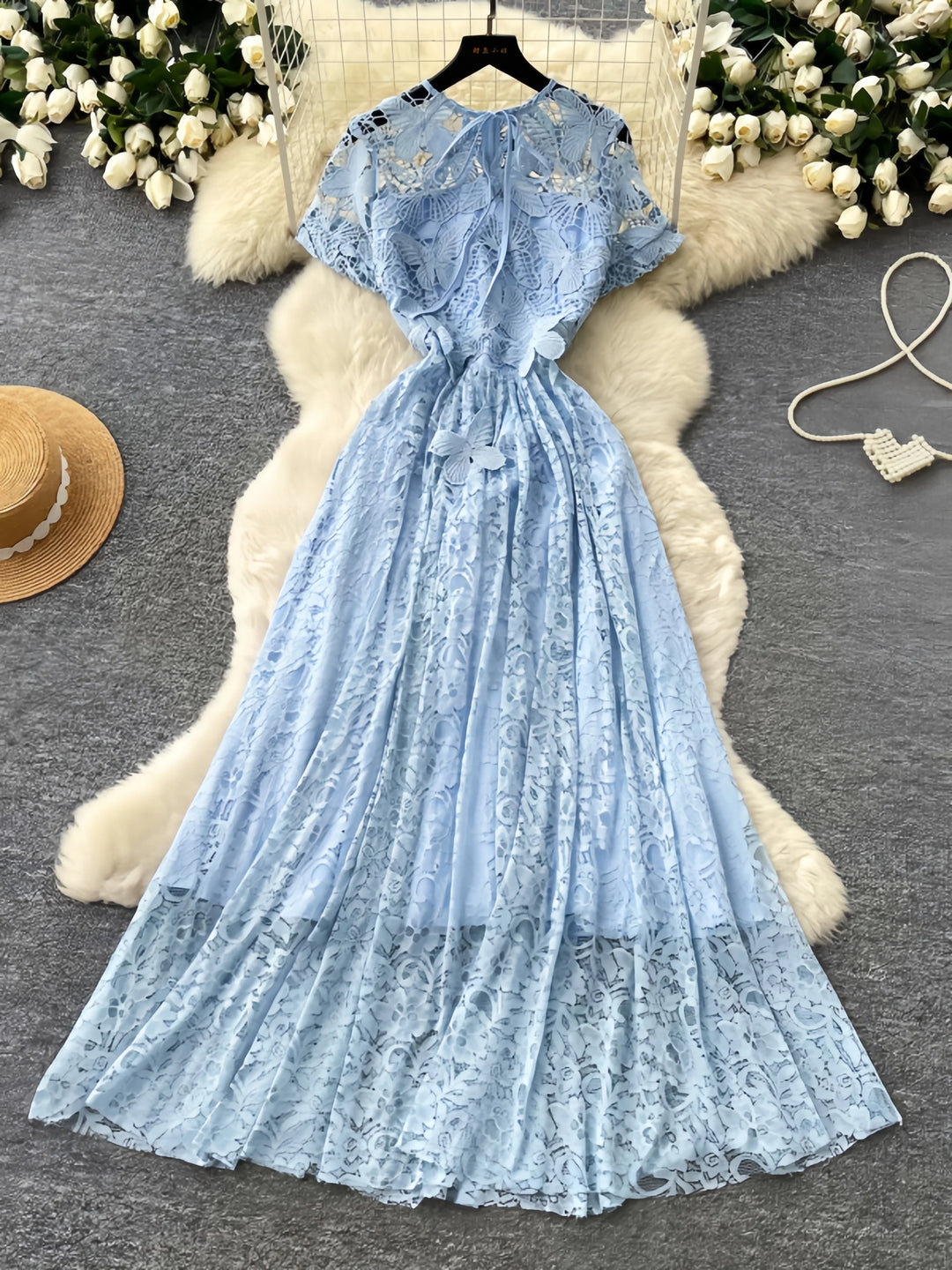 A-Line/Princess Lace Floral Cinched Waist Wedding Guest Dresses Tea-Length Short Sleeves