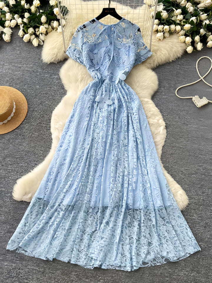 A-Line/Princess Lace Floral Cinched Waist Wedding Guest Dresses Tea-Length Short Sleeves