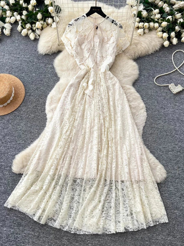 A-Line/Princess Lace Floral Cinched Waist Wedding Guest Dresses Tea-Length Short Sleeves