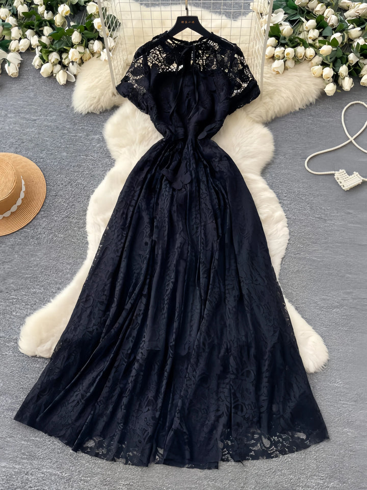 A-Line/Princess Lace Floral Cinched Waist Wedding Guest Dresses Tea-Length Short Sleeves