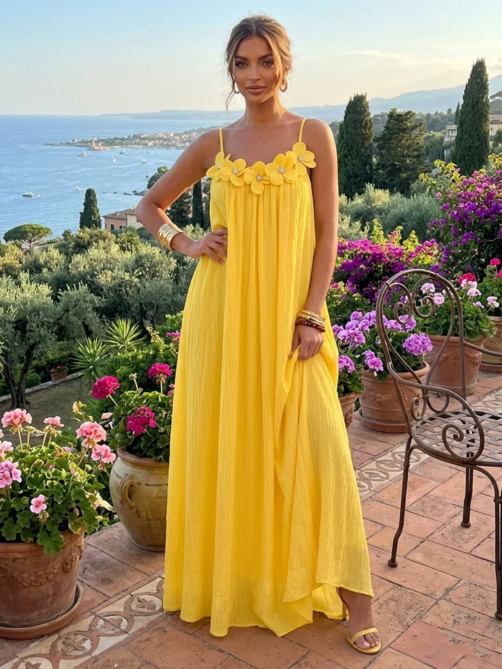 A-Line/Princess Spaghetti Straps Chiffon Crepe Formal Dresses with 3D Flower Floor-Length Sleeveless Floral Holiday Dresses