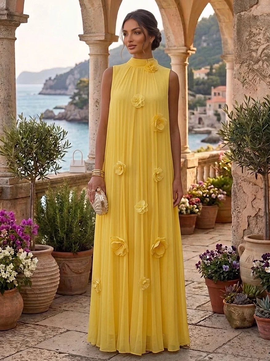 A-Line/Princess Mock Neck Chiffon Formal Dresses with 3D Flower Sleeveless Floor-Length Pleated Holiday Dresses