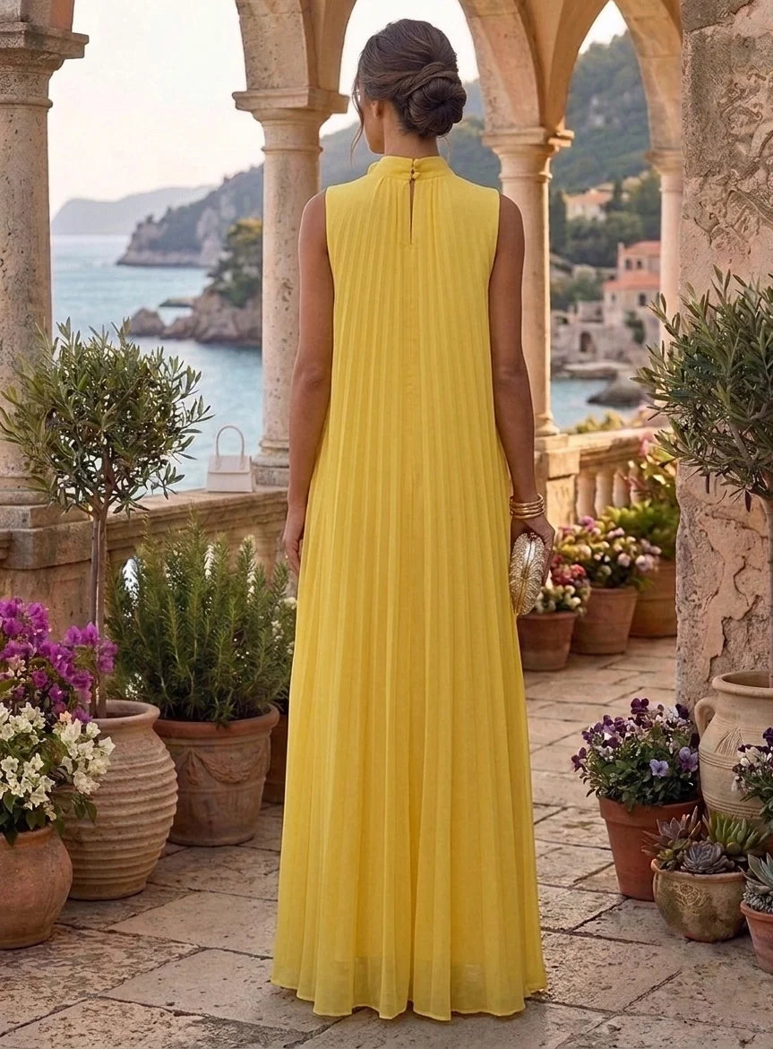 A-Line/Princess Mock Neck Chiffon Formal Dresses with 3D Flower Sleeveless Floor-Length Pleated Holiday Dresses
