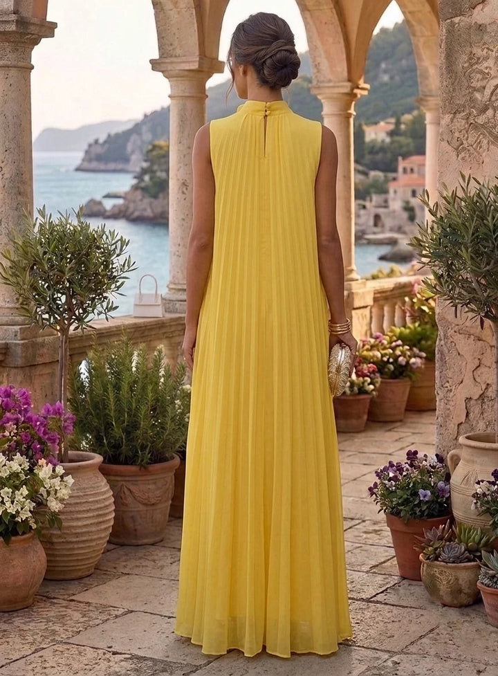 A-Line/Princess Mock Neck Chiffon Formal Dresses with 3D Flower Sleeveless Floor-Length Pleated Holiday Dresses