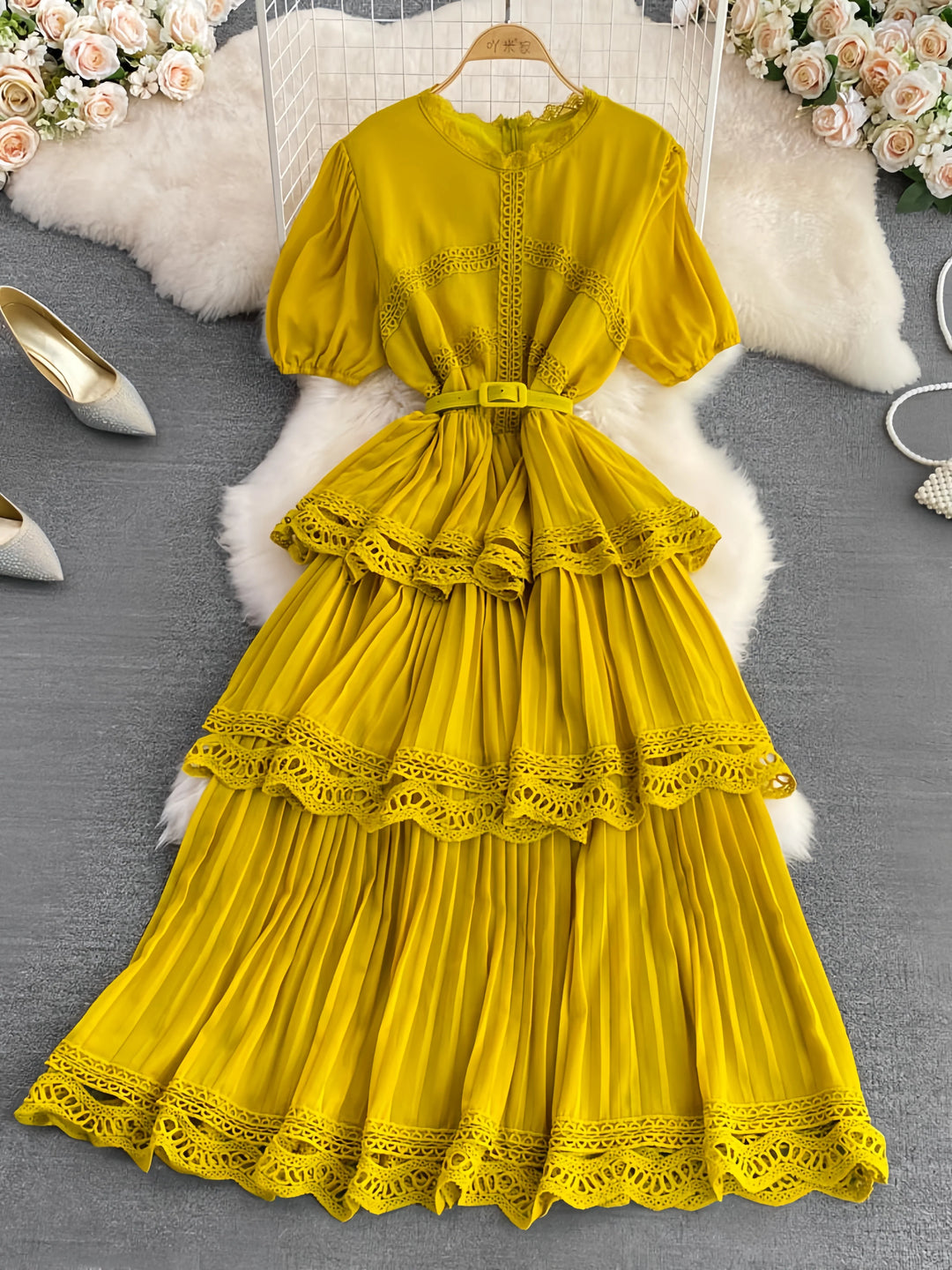 A-Line/Princess Scoop Floral Wedding Guest Dresses Tea-Length Short Sleeves with Belt