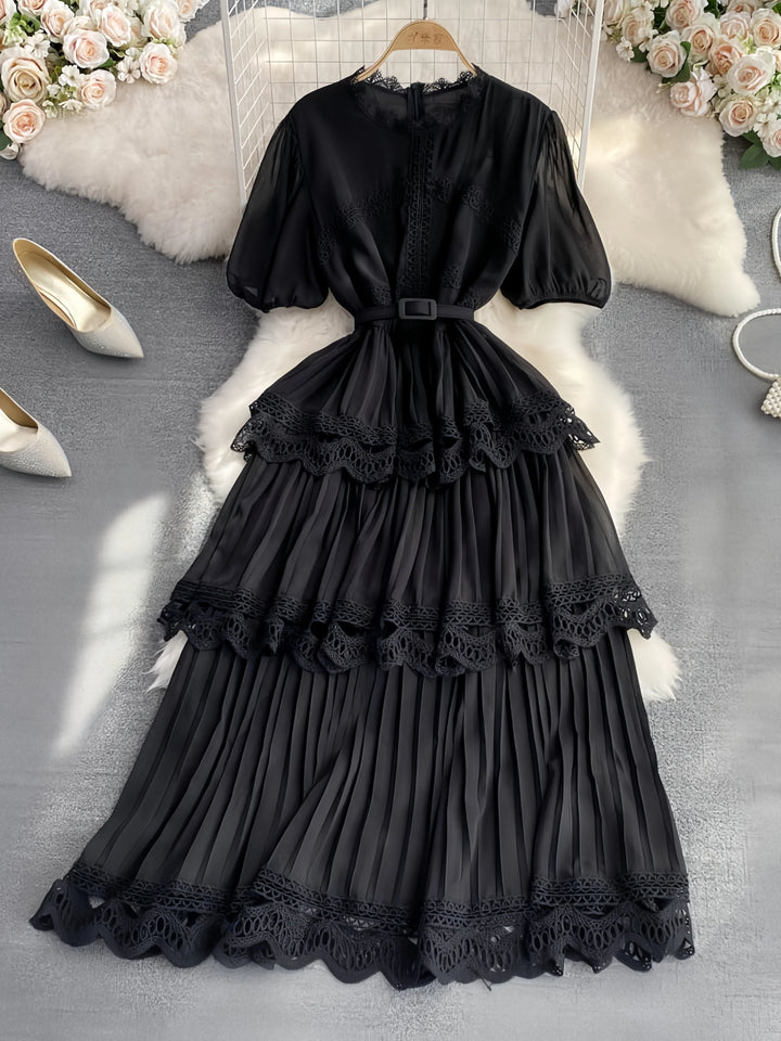 A-Line/Princess Scoop Floral Wedding Guest Dresses Tea-Length Short Sleeves with Belt