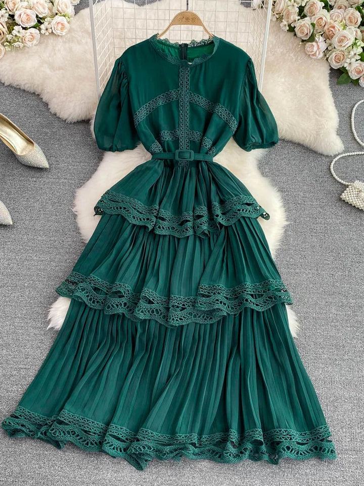A-Line/Princess Scoop Floral Wedding Guest Dresses Tea-Length Short Sleeves with Belt