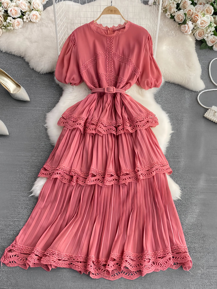 A-Line/Princess Scoop Floral Wedding Guest Dresses Tea-Length Short Sleeves with Belt