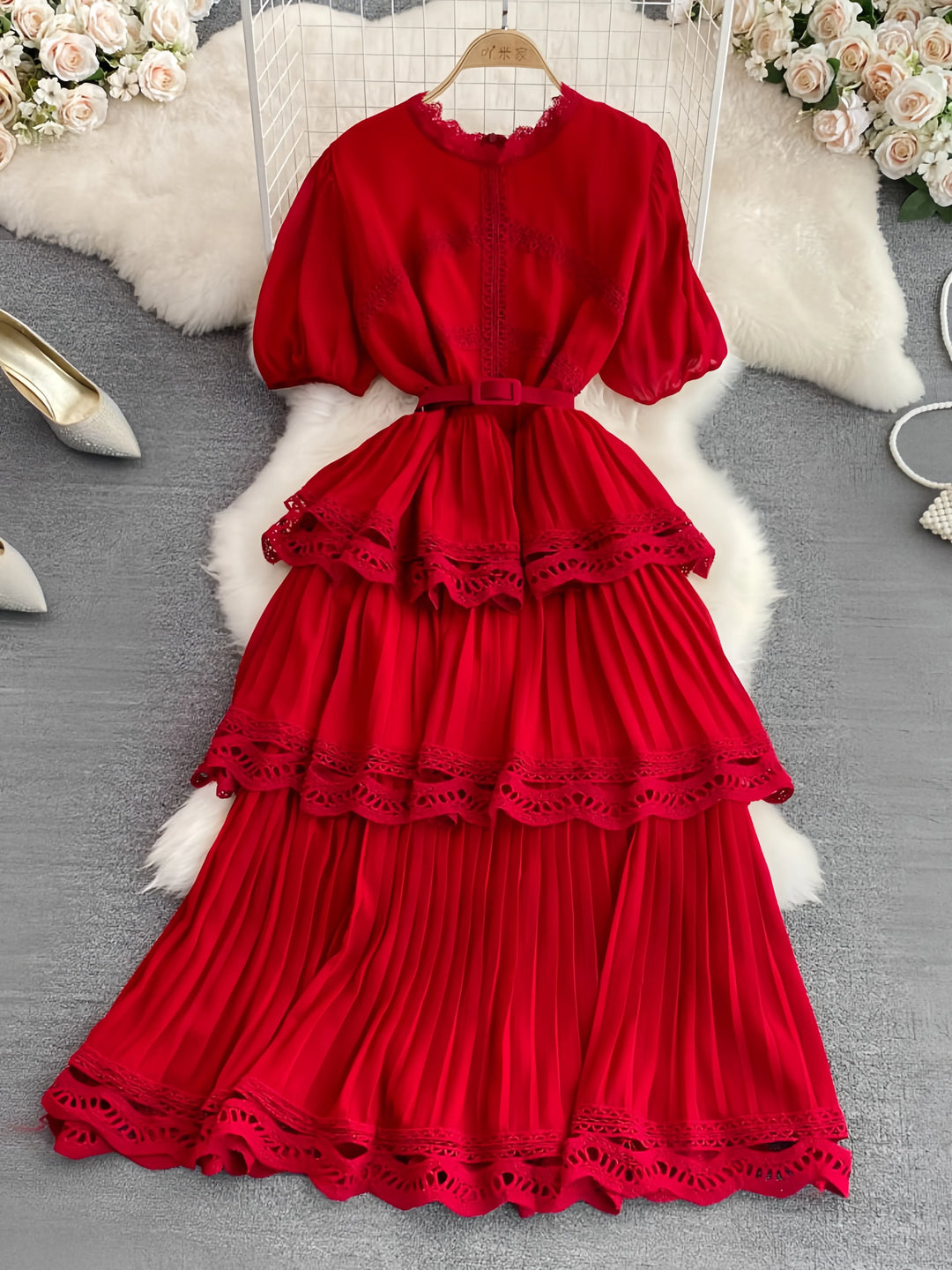 A-Line/Princess Scoop Floral Wedding Guest Dresses Tea-Length Short Sleeves with Belt