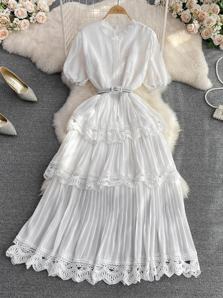 A-Line/Princess Scoop Floral Wedding Guest Dresses Tea-Length Short Sleeves with Belt