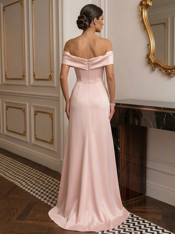 A-Line/Princess Off-the-Shoulder Satin Evening Dresses Floor-Length Ruffles Sleeveless Formal Dresses