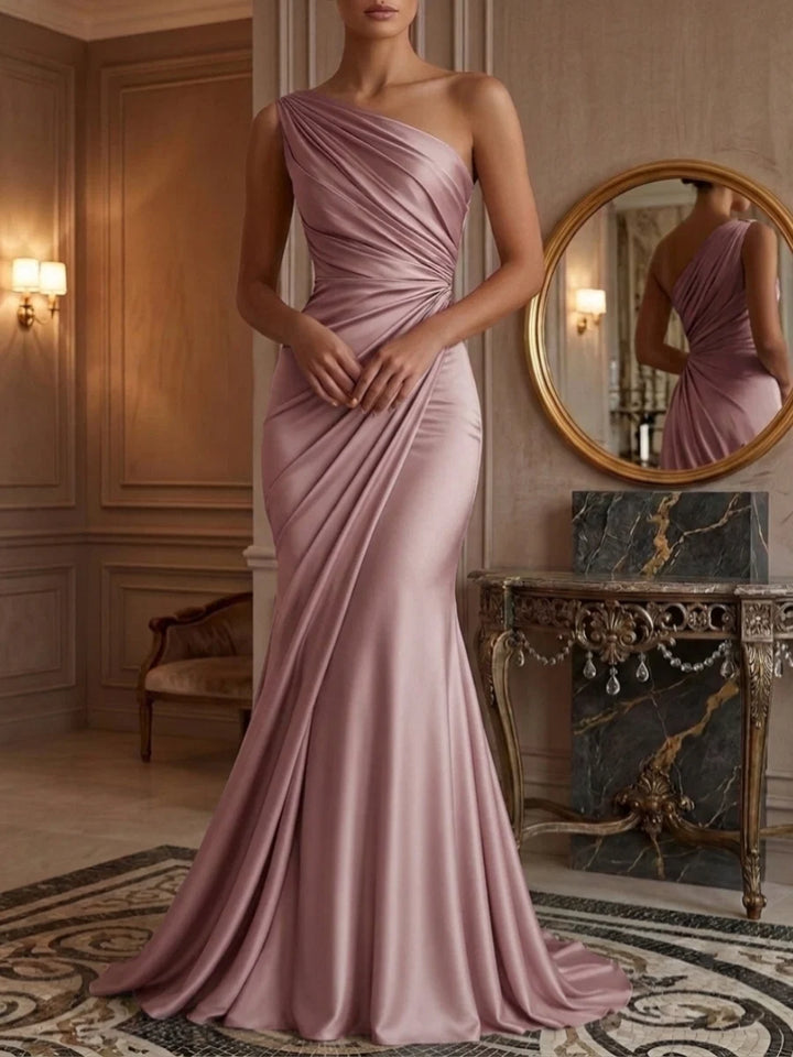 Trumpet/Mermaid One-Shoulder Satin Evening Dresses Floor-Length Ruched Sleeveless Formal Dresses